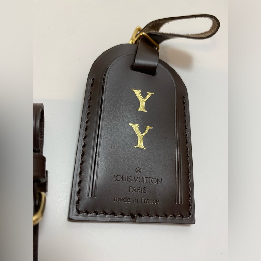 Louis Vuitton Brown Leather Bag Tag Set Monogram YY Luxury Travel Authentic - Picture 3 of 10